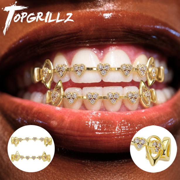 Body Jewelry Lot - TOPGRILLZ ホローハートファンググリルズセット マイクロパヴェCZ トップボトムバー 軽量 Y2K