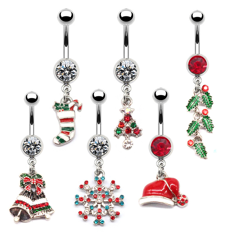 Body Jewelry Factory - クリスマスシリーズへそピアス女性用スノーフレークサンタクロースダングルベリーボタンピアスジュエリーステンレス鋼工場在庫
