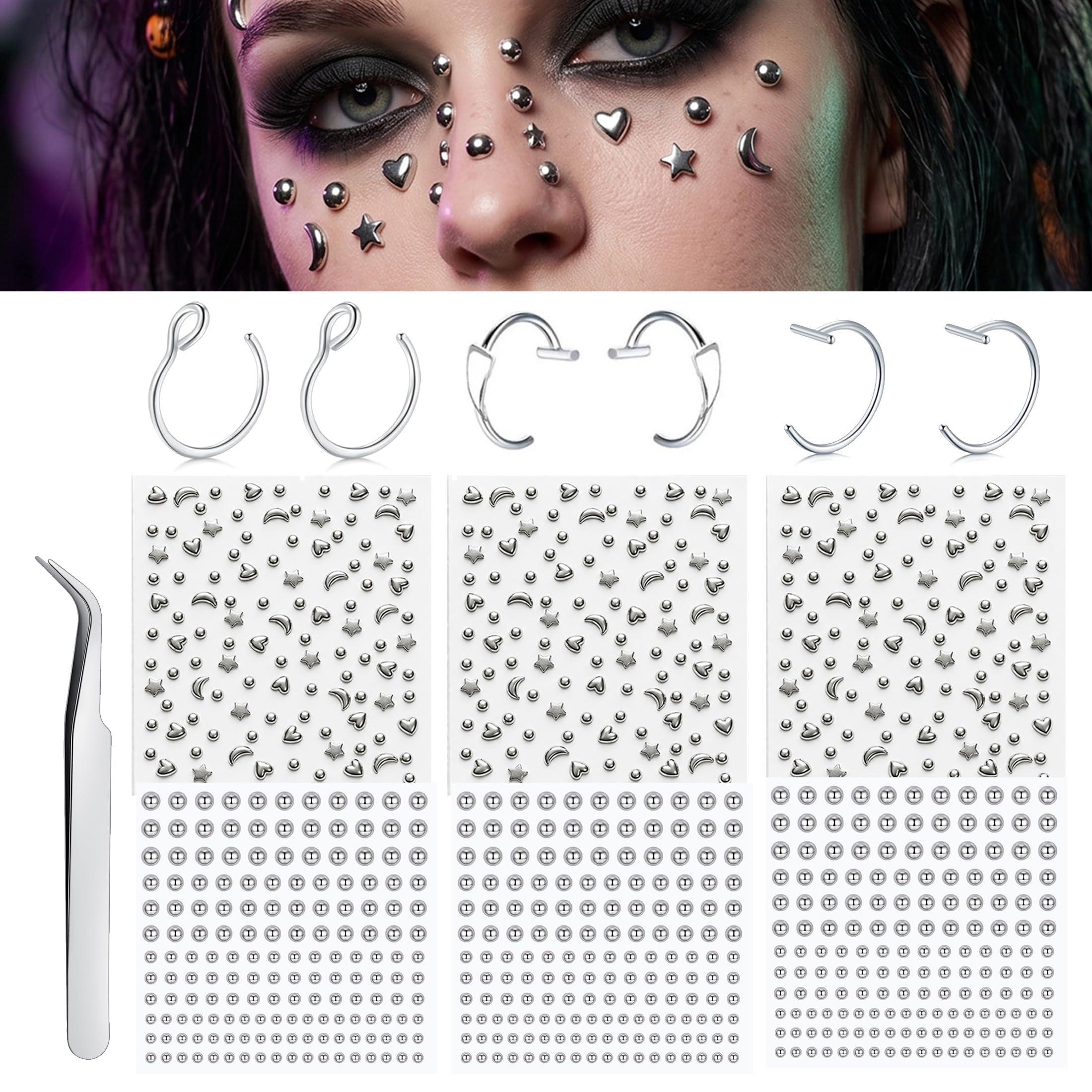 Body Jewelry Nose - フェイクピアスボール、鼻ピアス、フェイク眉毛、リップフープ、ラブレットスタッド、粘着式スターフェイスジェム、ラインストーンメイクアップステッカー
