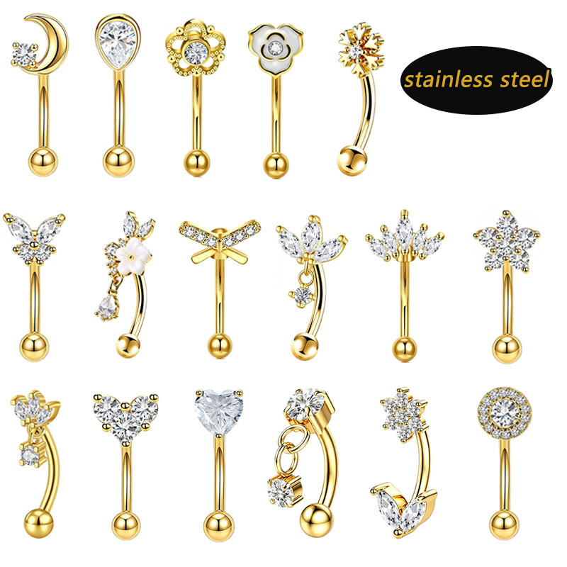 Eyebrow Curved Barbell - 1個/ロット ステンレススチール バタフライCZカーブバーベル アイブロウピアスジュエリー 低アレルギー性 トラガスリップリング