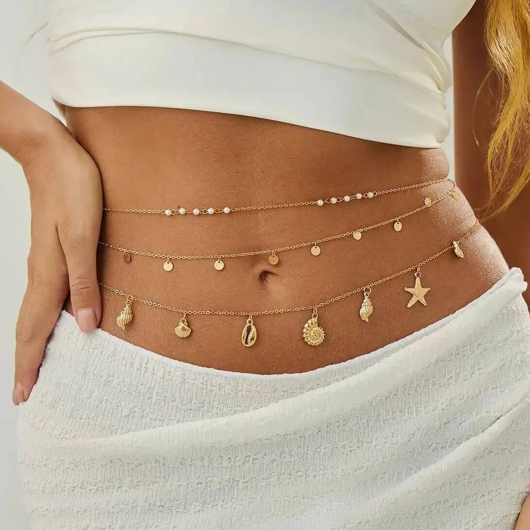 Body Jewelry Lot - IngeSight.Z 3 ピース/セット自由奔放に生きるヒトデ巻貝ペンダントウエストベリーチェーン女性の夏のビーチセクシーなビキニベルトボディジュエリーアクセサリー