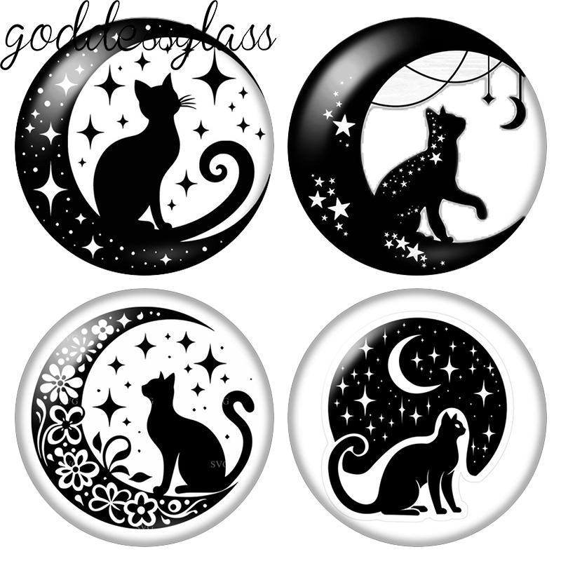 Star Flat Back - Moon&Star 黒猫かわいい絵愛猫 10p 12mm/18mm/20mm/25mm ラウンドフォトガラスカボションフラットバック作成用パーツジュエリー