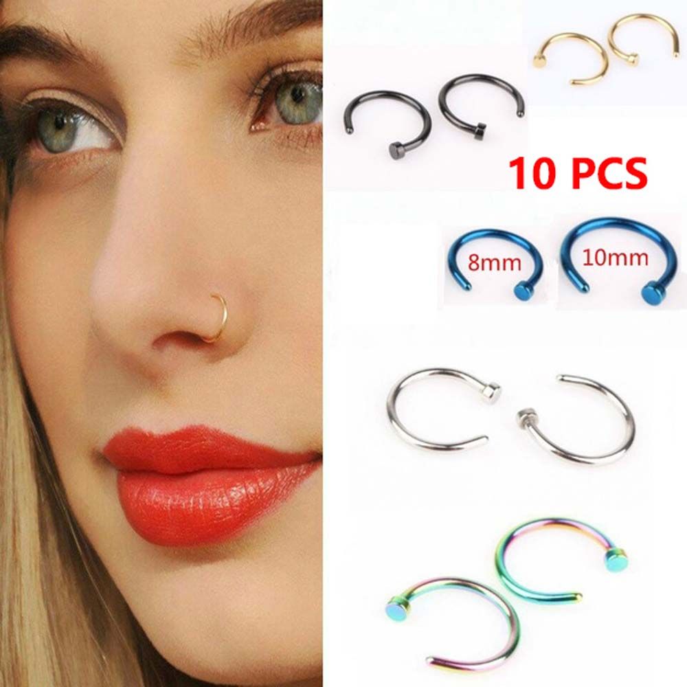 Body Jewelry And Earrings - 女性用薄型ステンレススチール製C型フープスタッドピアス、ボディピアス、ノーズリング、ジュエリー、リップリング10個セット