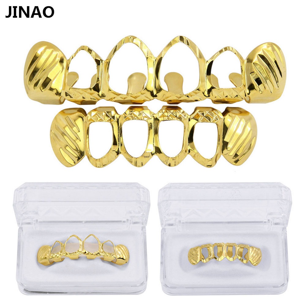 Body Jewelry Lot - Jinao新フィットdカットgrillzセット純粋なゴールドカラーメッキトップ & ボトム歯4オープンヒップホップグリル中空歯グリルセット