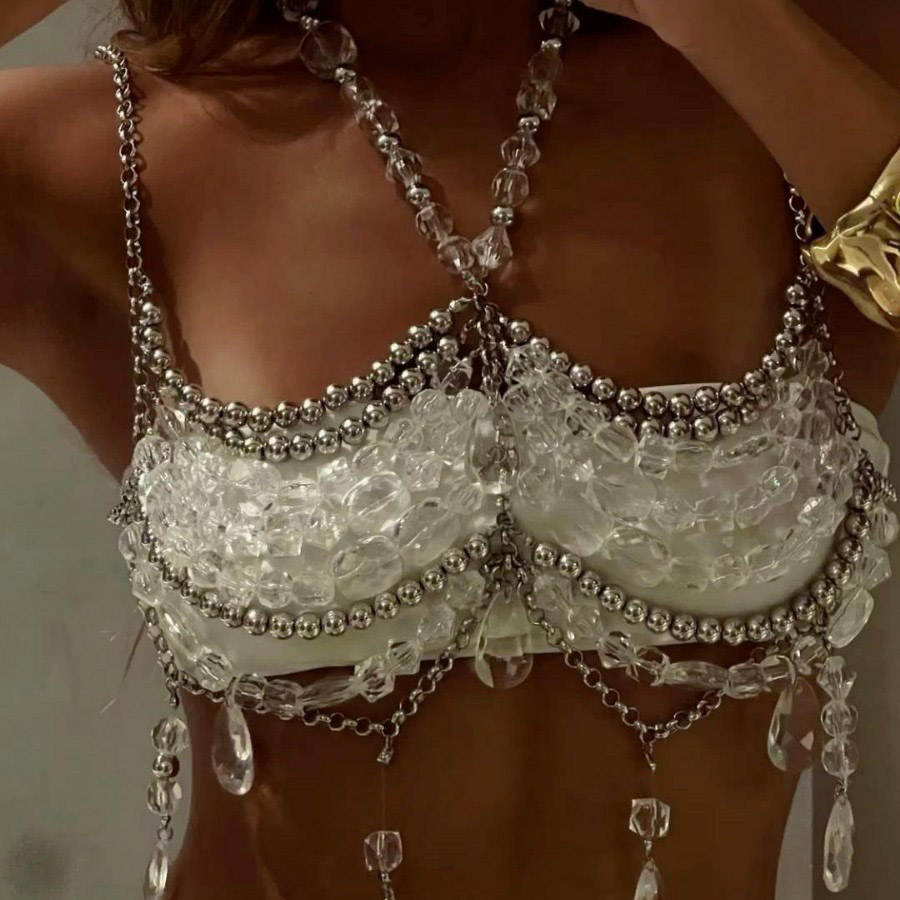 Body Jewelry Vest - 2025 手作り音楽祭衣装ブラレットチェーンシースルーパールベストジュエリーボディハーネスコケットクリスタルホルタートップ