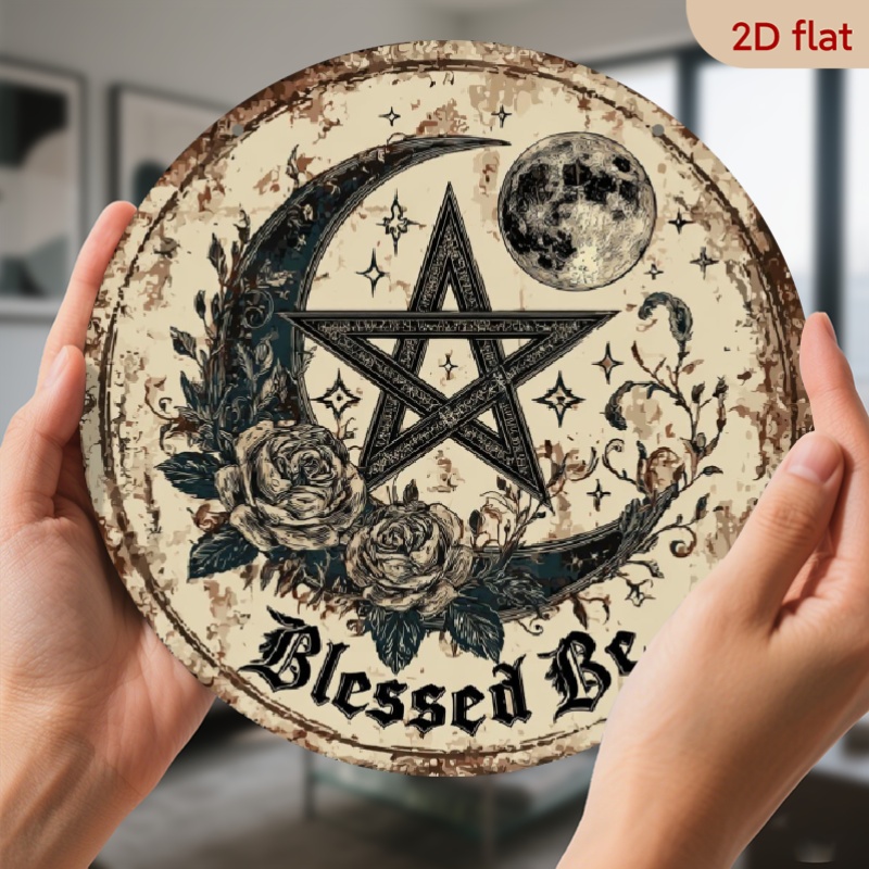 Star Flat Back - 2D平面ピース - 月、五芒星、バラ模様の丸い木製看板 - 木製壁飾り