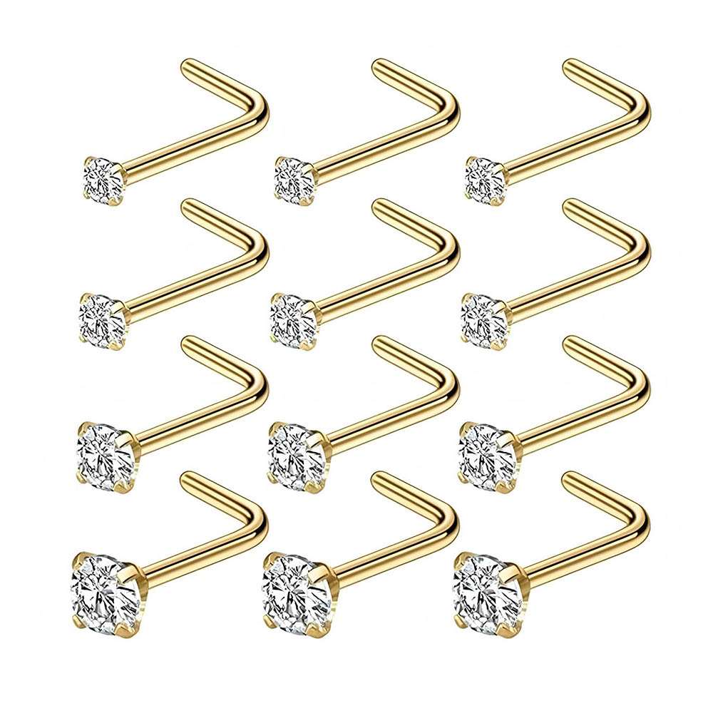 Body Jewelry Lot - 12個入りフルセット 316L低アレルギー性L字型ノーズスタッド マルチサイズCZダイヤモンドノーズリング 1.5～3mmピアススタッド 女性用