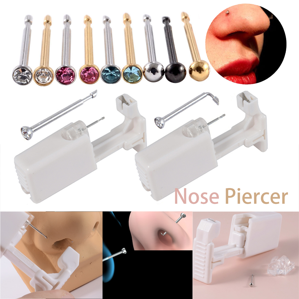 Body Jewelry Factory - 1～11個入り 簡単使い捨て滅菌済み鼻ピアスユニット 曲がった鼻ピアスガン 家庭用 無痛ピアス機 クリスタルスタッド付き