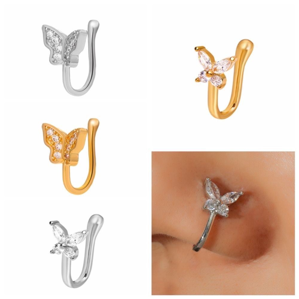 ラインストーンバタフライノーズリング ジルコン銅製クリップオ - Body Jewelry And Earrings のレビューと価格
