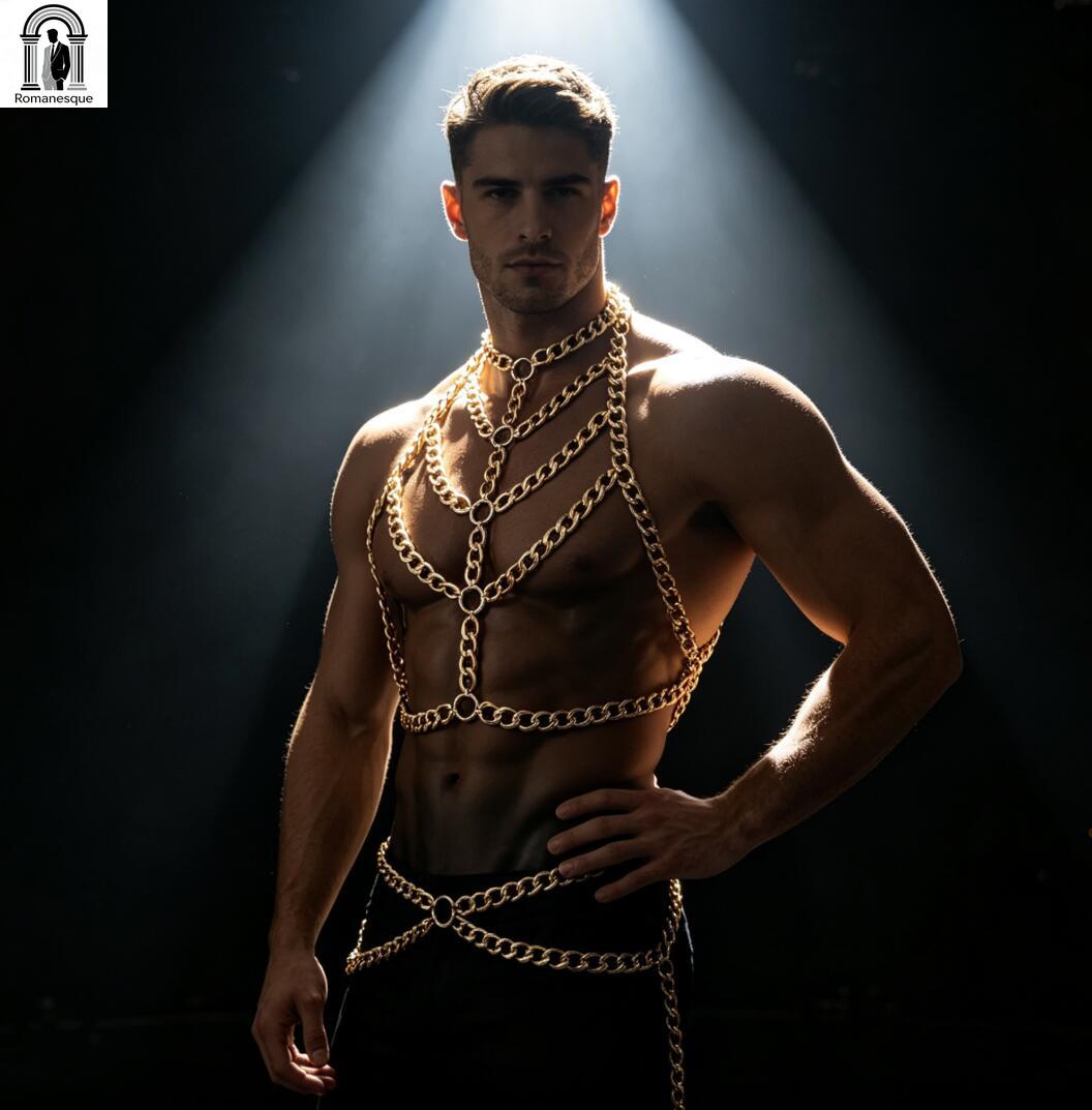 メンズシルバー厚いチェーンボディハーネスホルターネックチェス - Body Jewelry Vest のレビューと価格