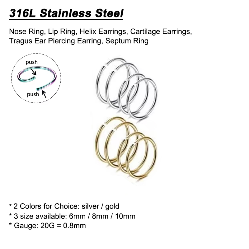 6個/ロット 低アレルギー性ノーズリングフープ 316Lサー - Body Jewelry Lot のレビューと価格