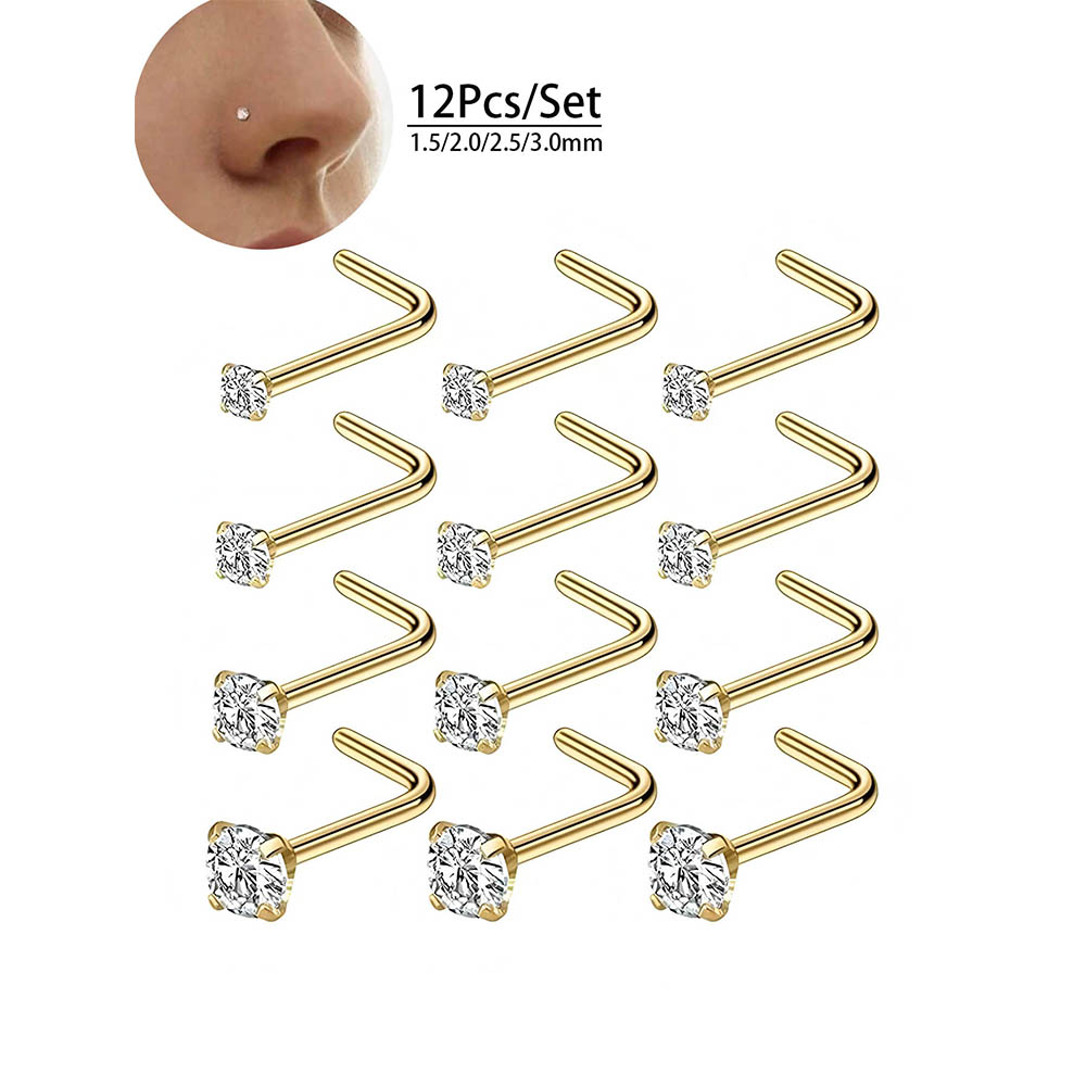 12個入りフルセット 316L低アレルギー性L字型ノーズスタ - Body Jewelry Lot のレビューと価格